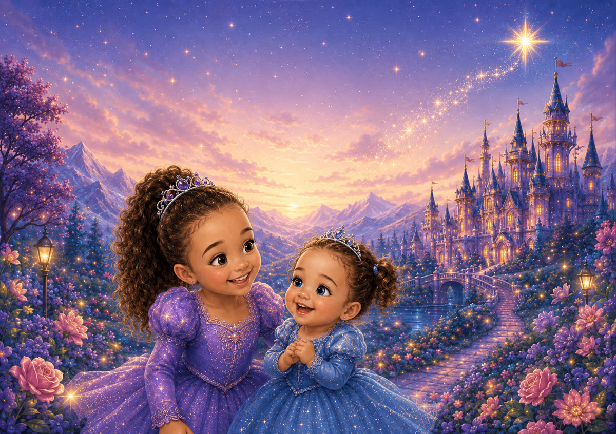 Two little princesses smiling in front of a magical castle